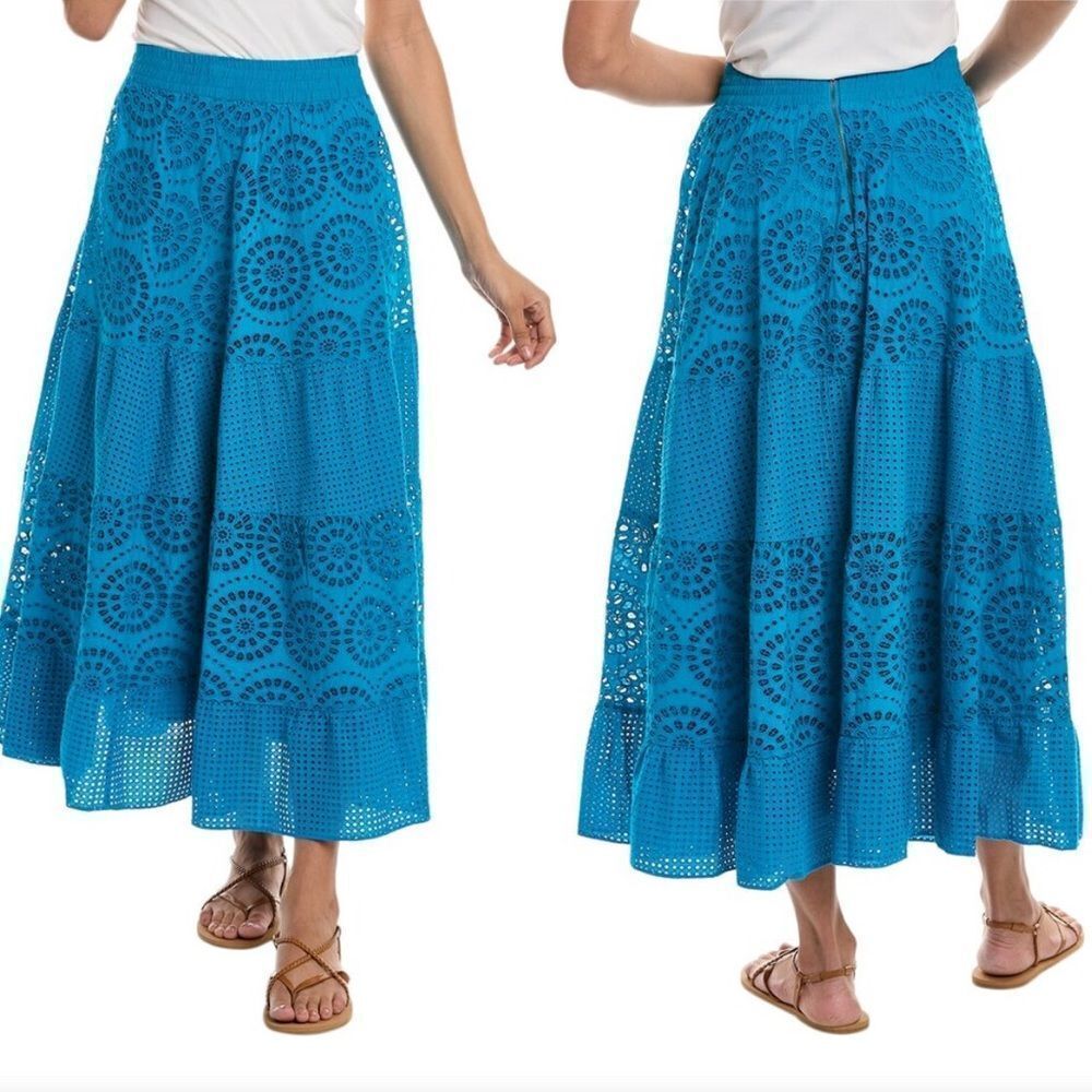 Alice + Olivia Cotton Melony Eyelet Maxi Skirt Ocean Blue US 2 NEW MSRP $495